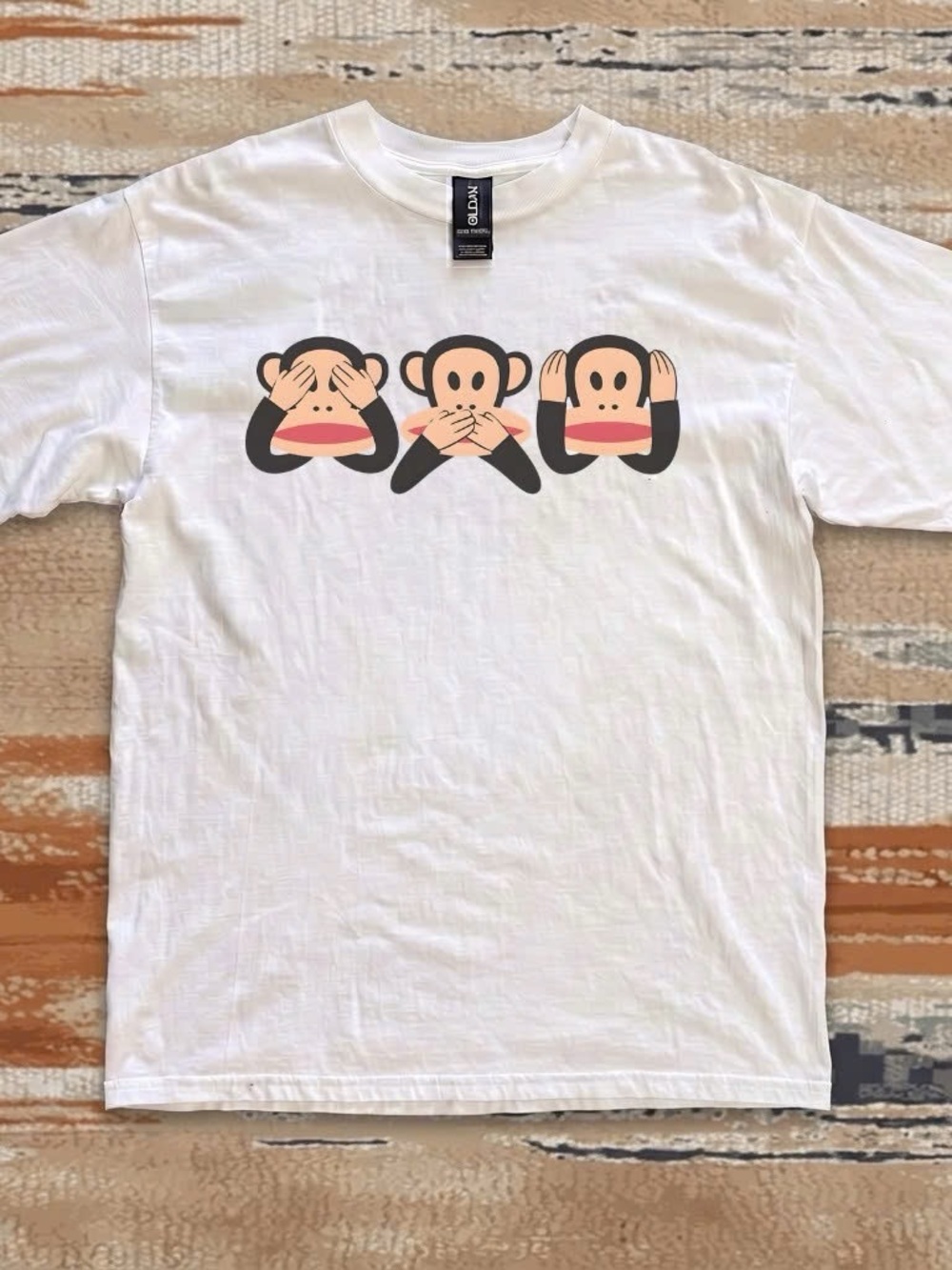 Gildan White Kids Short Sleeve Tee with Three Monkeys Graphic